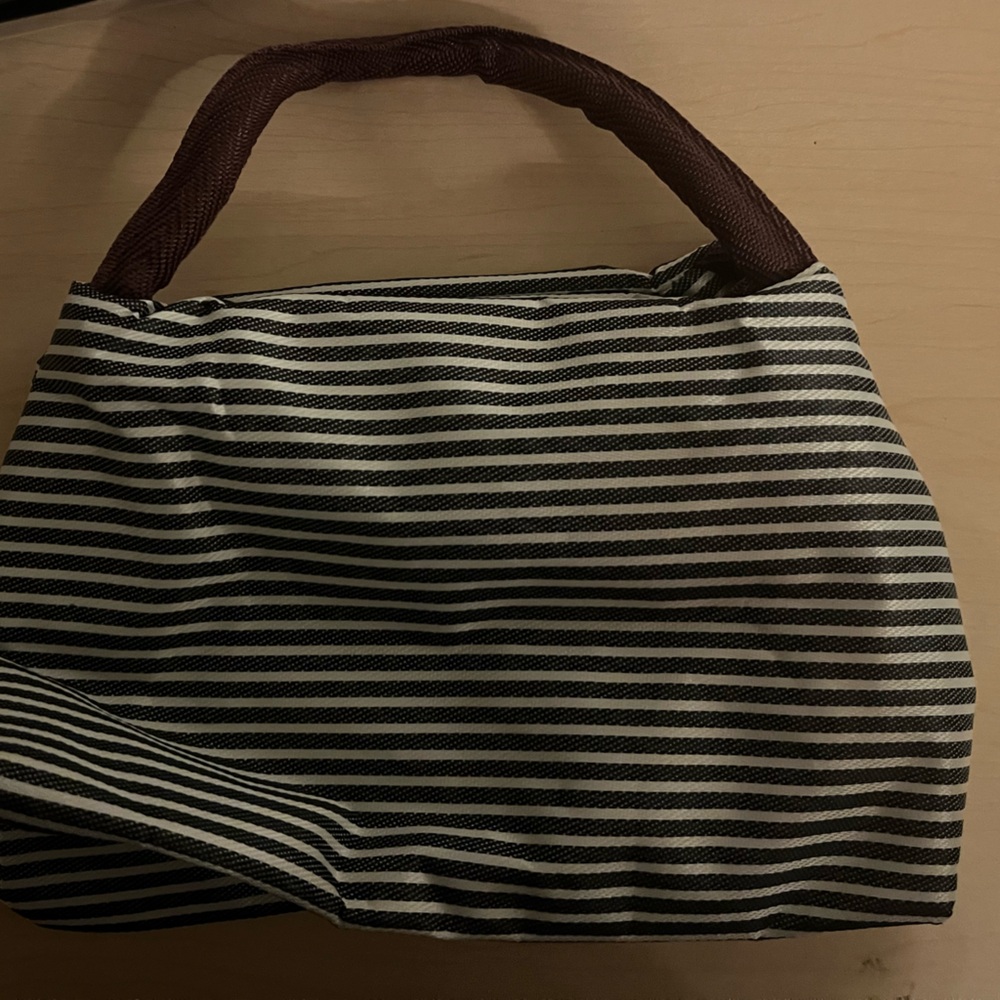 Insulated Oxford Striped Black White Women's lunch tote Bag handles viral - Picture 4 of 4